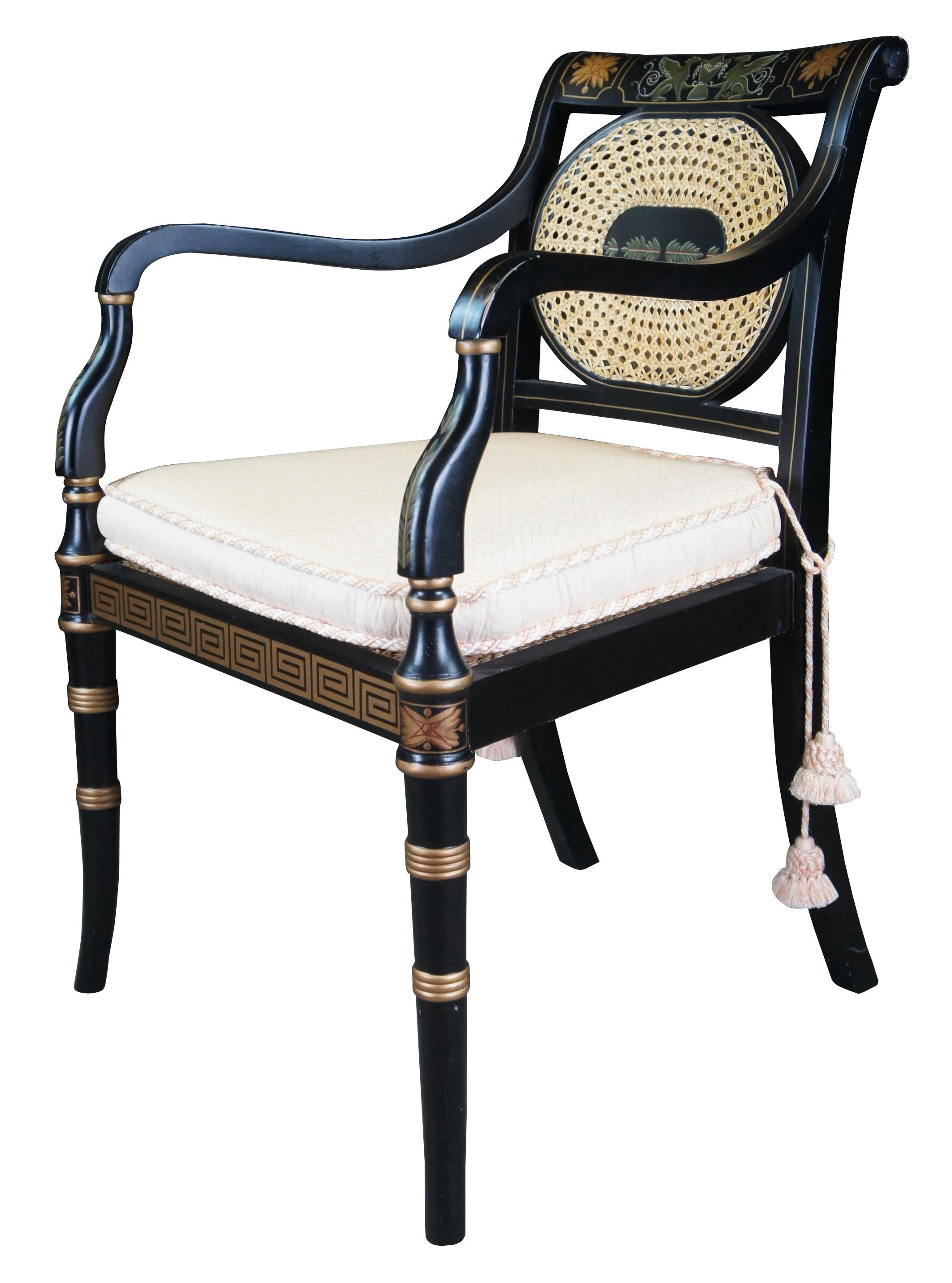 Vintage English Regency Black Lacquer & Gold Painted Occasional Caned Arm Chair In Good Condition For Sale In Dayton, OH