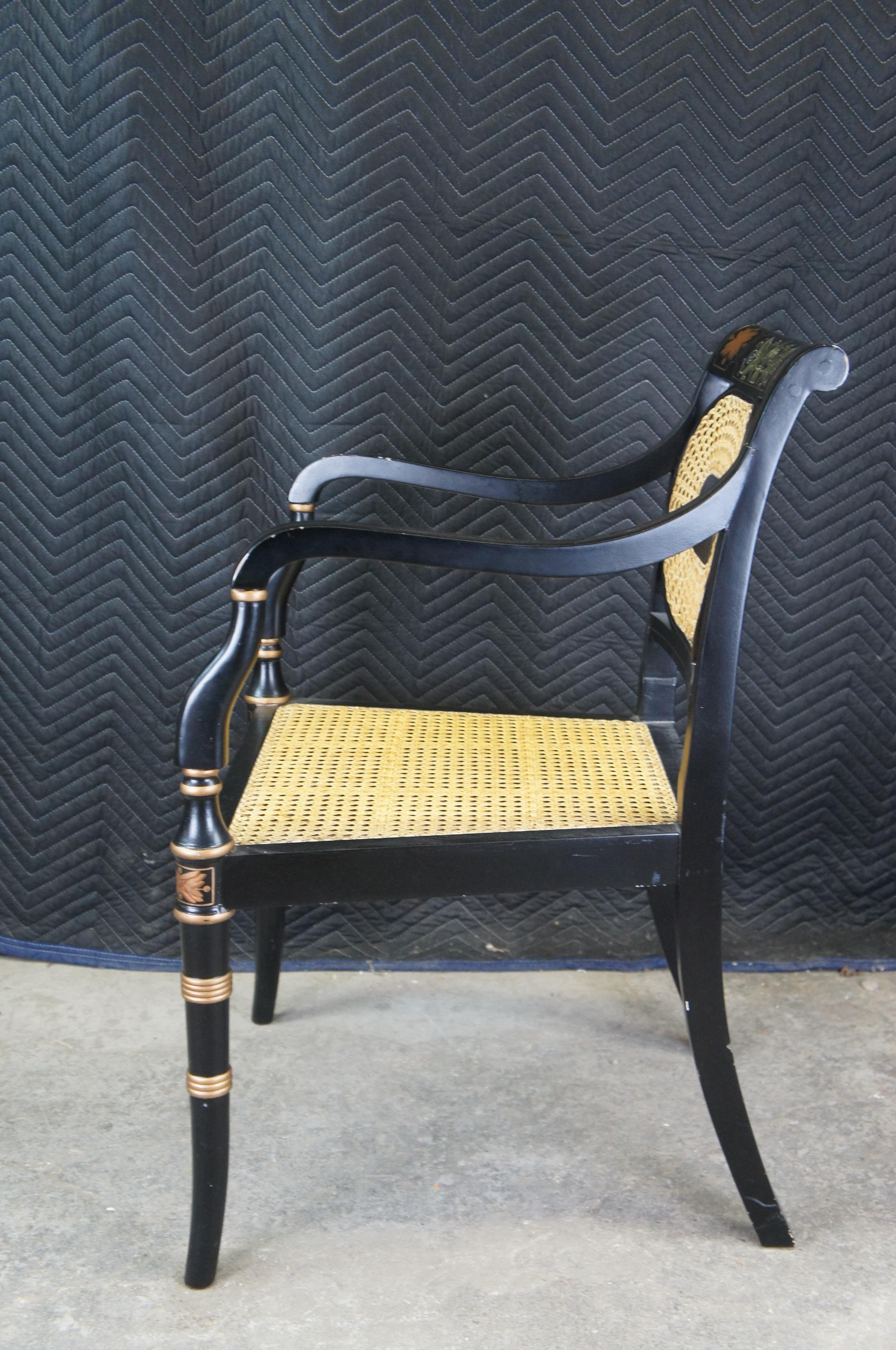 20th Century Vintage English Regency Black Lacquer & Gold Painted Occasional Caned Arm Chair For Sale