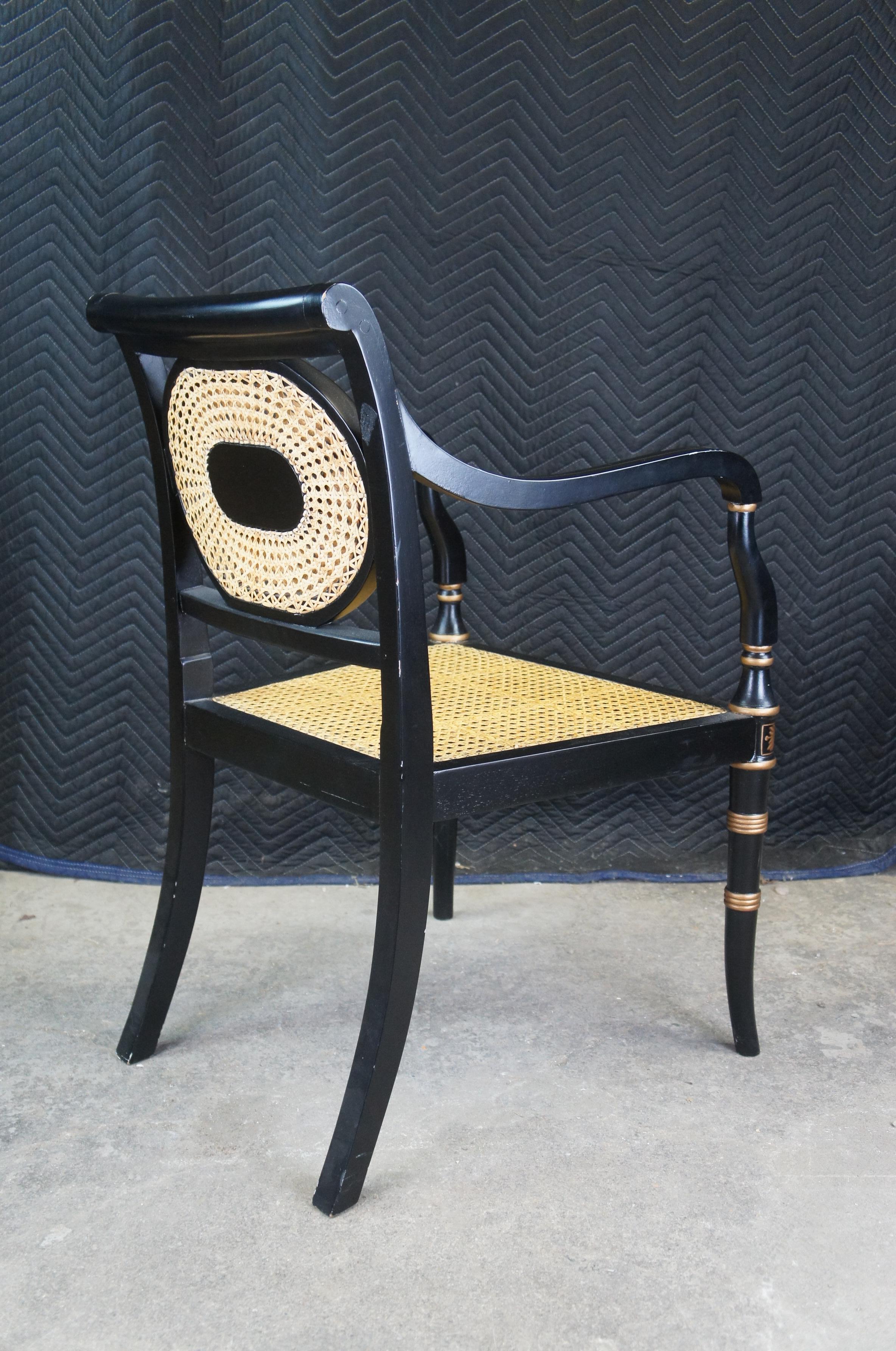 Vintage English Regency Black Lacquer & Gold Painted Occasional Caned Arm Chair For Sale 4