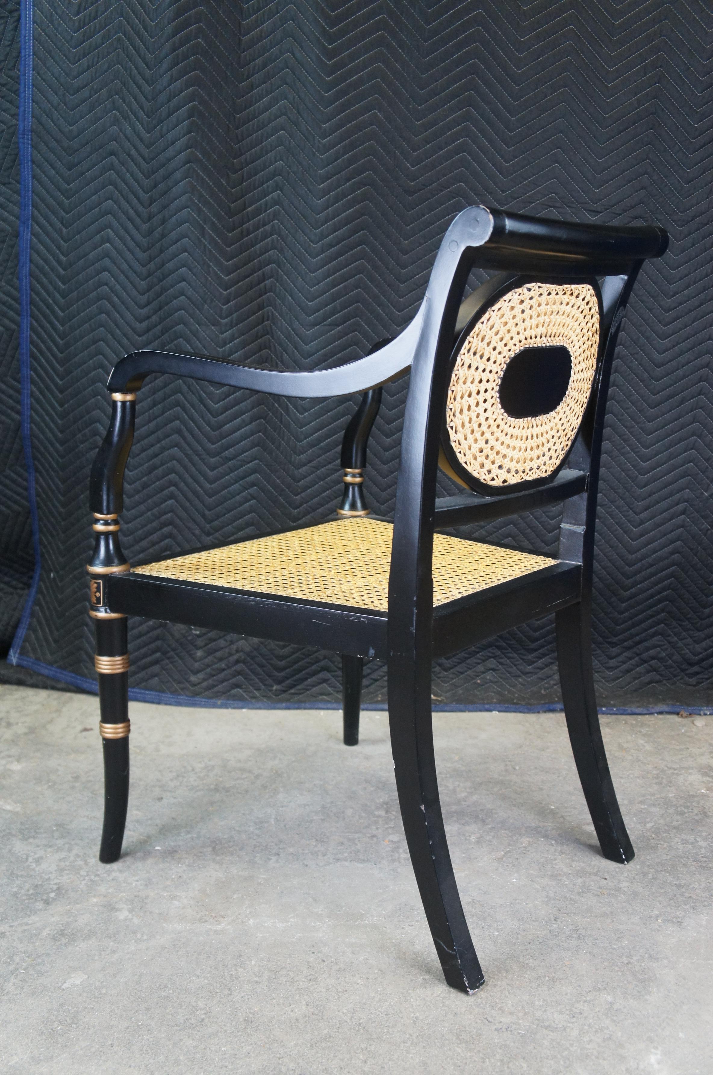 Vintage English Regency Black Lacquer & Gold Painted Occasional Caned Arm Chair For Sale 5