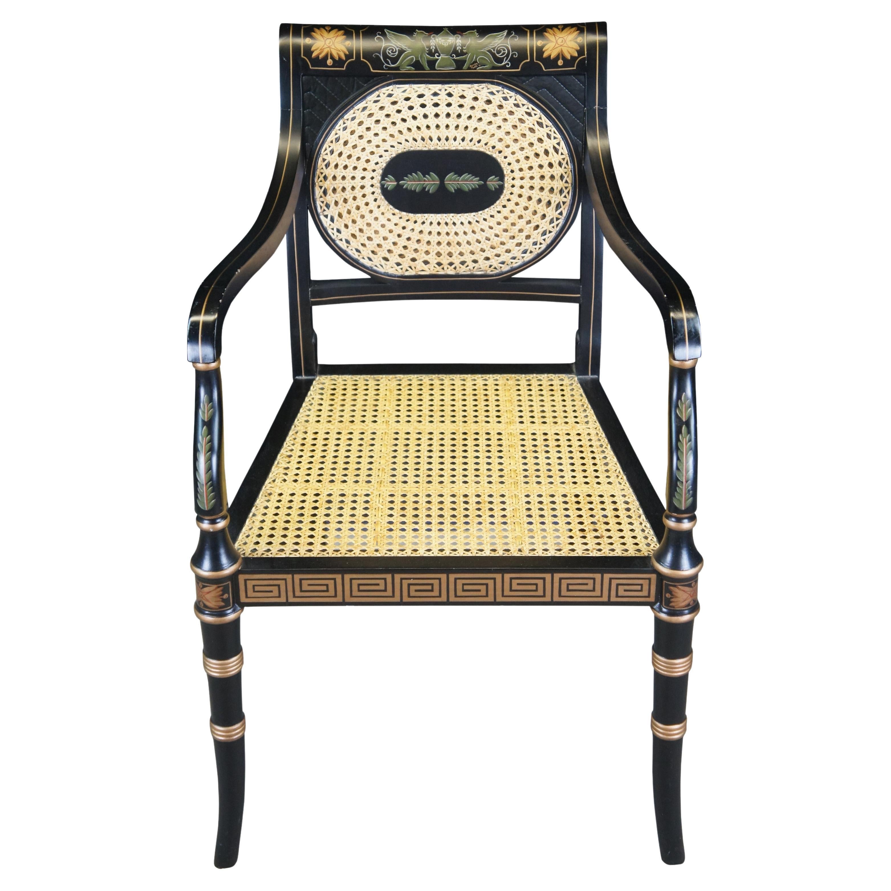Vintage English Regency Black Lacquer & Gold Painted Occasional Caned Arm Chair For Sale