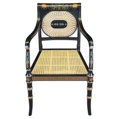 Vintage English Regency Black Lacquer & Gold Painted Occasional Caned Arm Chair