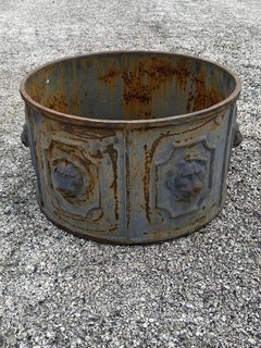 Vintage English Regency Cast Iron 20" Round Lion Heads Gray Garden Planter Pot