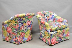 Vintage English Regency Floral Chintz Tufted Rolled Arm Club Lounge Chair - Pair