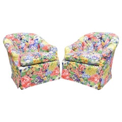Vintage English Regency Floral Chintz Tufted Rolled Arm Club Lounge Chair - Pair