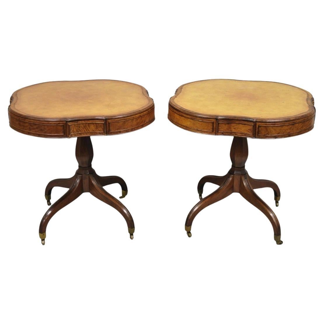 Vintage English Regency Leather Top Mahogany Drum End Table w/ 4 Drawers - Pair