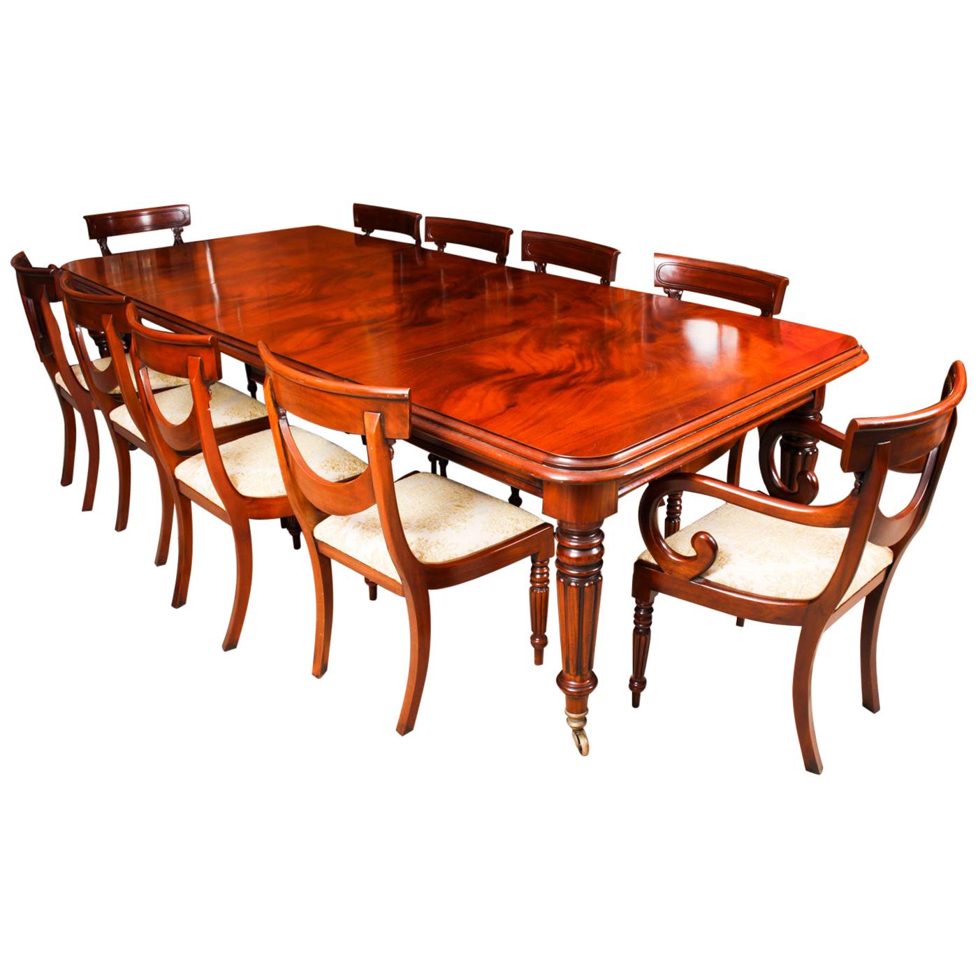 Vintage English Regency Revival Dining Table and 10 Chairs, 20th Century