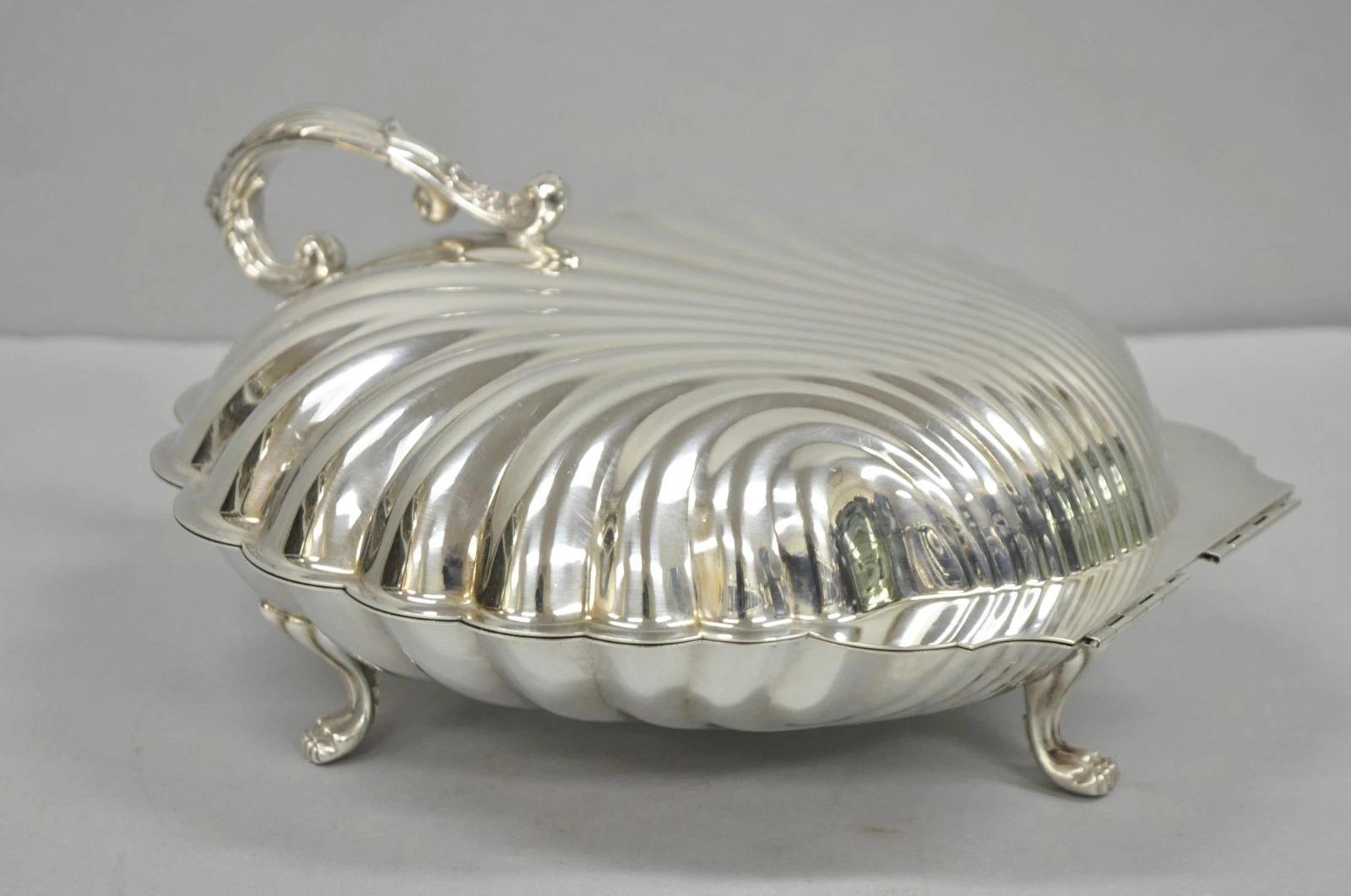 Vintage English Regency Silver Plated Clam Shell Hinged Servierplatte Dish. Circa Mitte des 20. Jahrhunderts. Abmessungen: 6