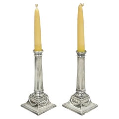 Vintage English Regency Silver Plated Classical Column Small Candlesticks - Pair