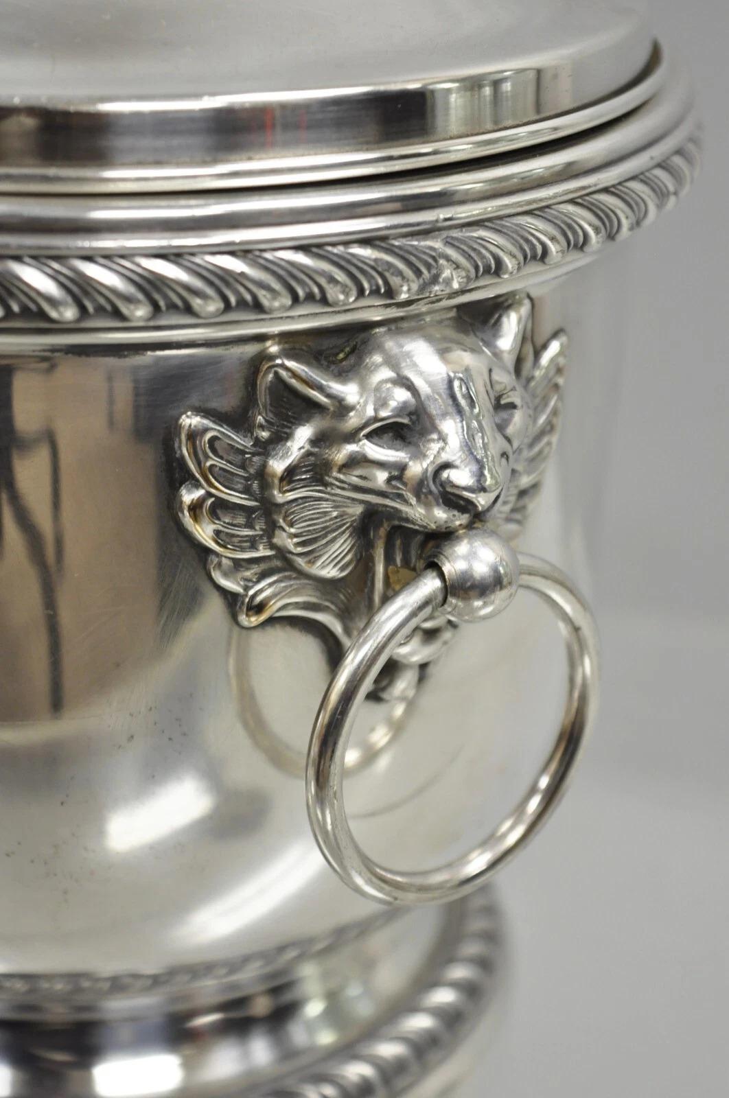 Vintage English Regency Silver Plated Lion Head Lidded Ice Bucket by Poole For Sale 5