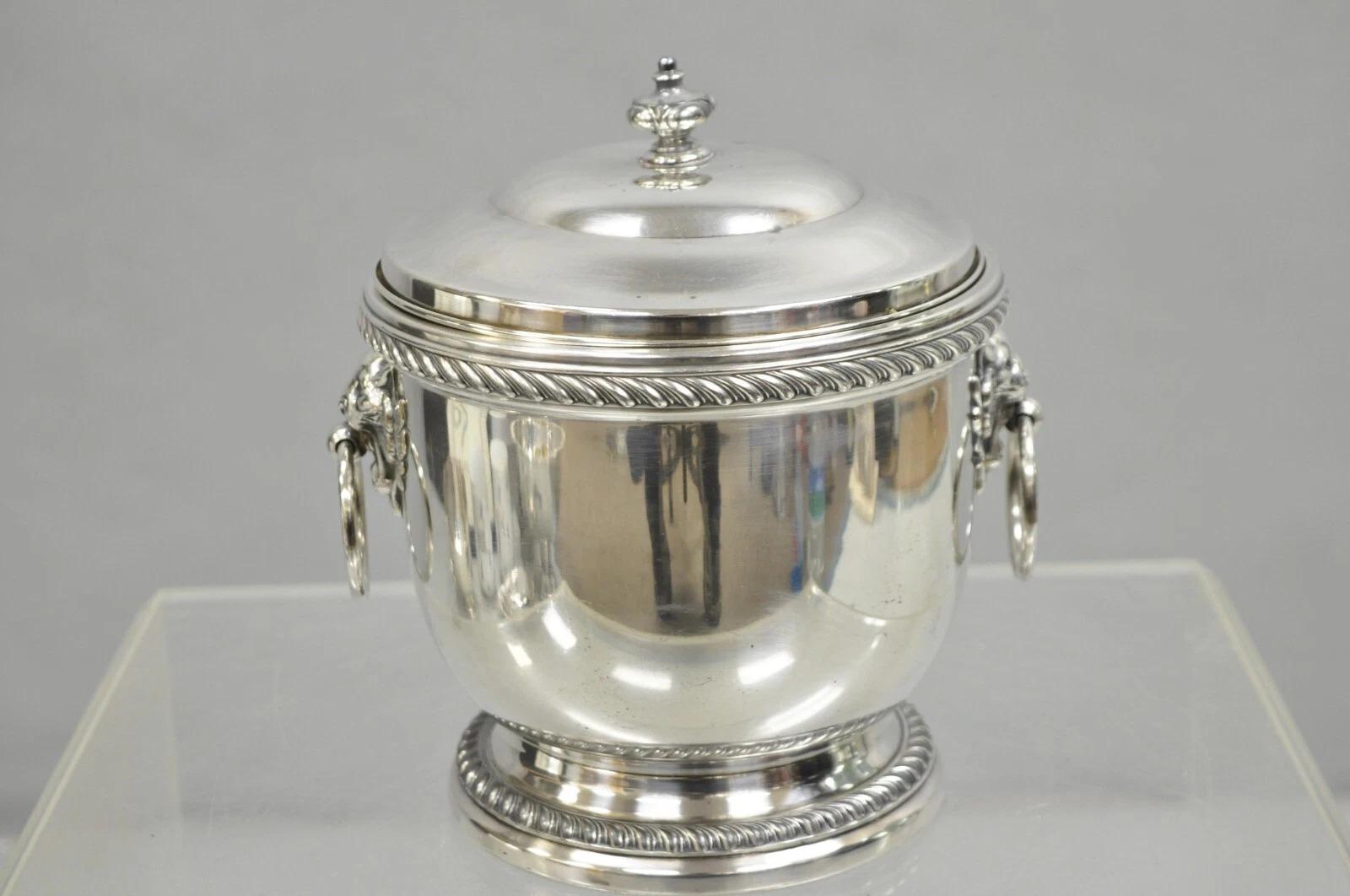 Vintage English Regency Silver Plated Lion Head Lidded Ice Bucket by Poole For Sale 6
