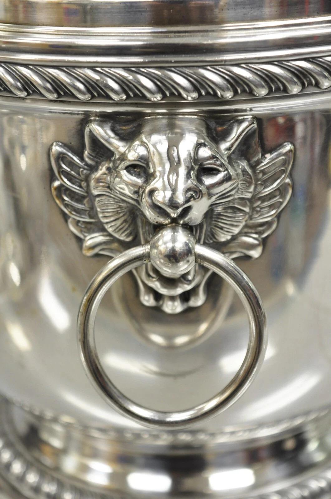 Unknown Vintage English Regency Silver Plated Lion Head Lidded Ice Bucket by Poole For Sale