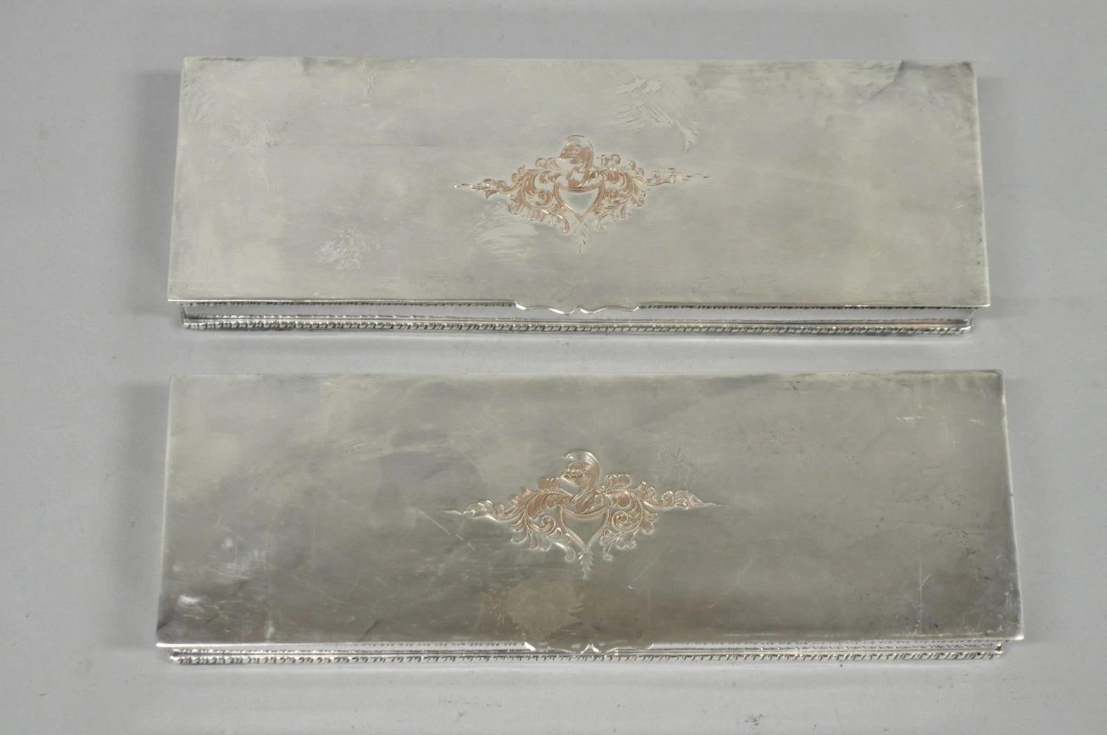 Inconnu Vintage English Regency Silver Plated Narrow Vanity Dresser Jewelry Box - a Pair en vente