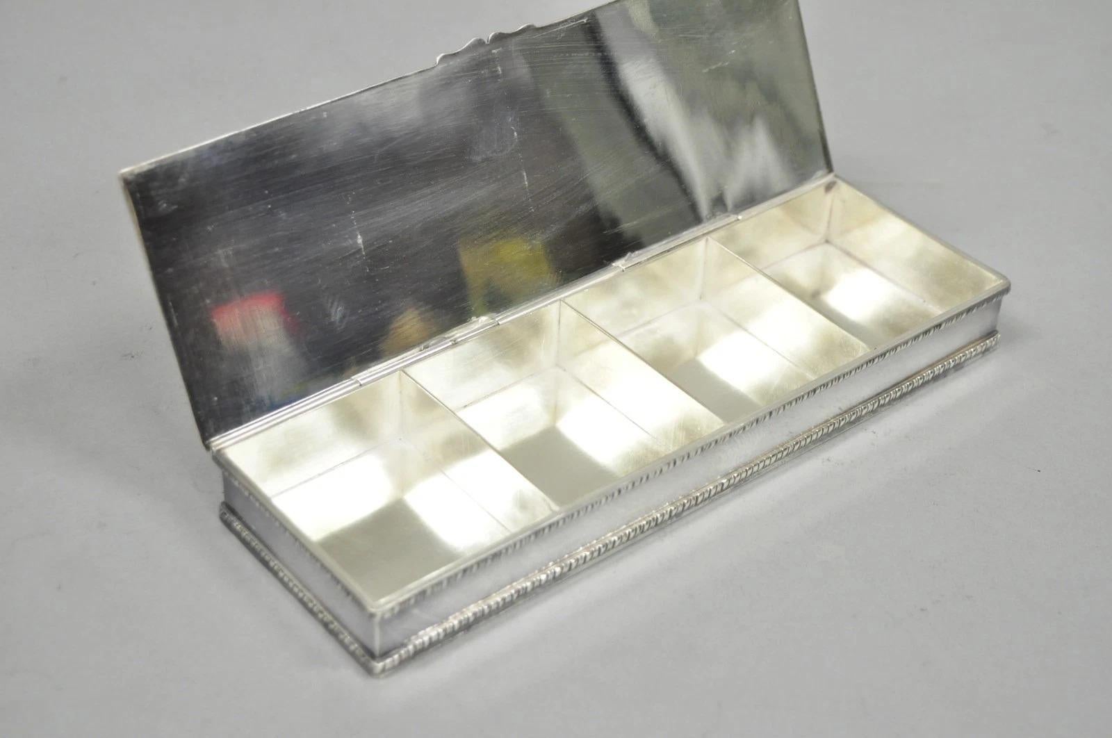 Plaqué argent Vintage English Regency Silver Plated Narrow Vanity Dresser Jewelry Box - a Pair en vente