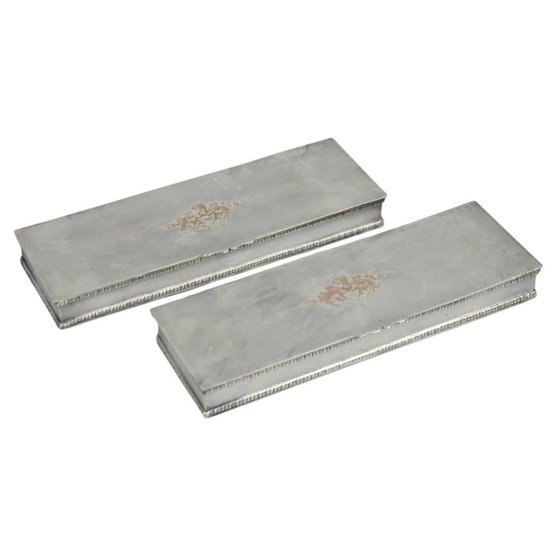 Vintage English Regency Silver Plated Narrow Vanity Dresser Jewelry Box - a Pair en vente