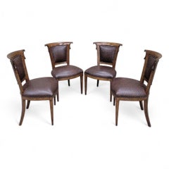 Vintage English Regency Style Ash Wood Dining Chairs in Brown Leather - Set of 8