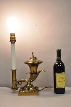Vintage English Regency Style Brass Cornucopia Oil Lamp Style Table Desk Lamp