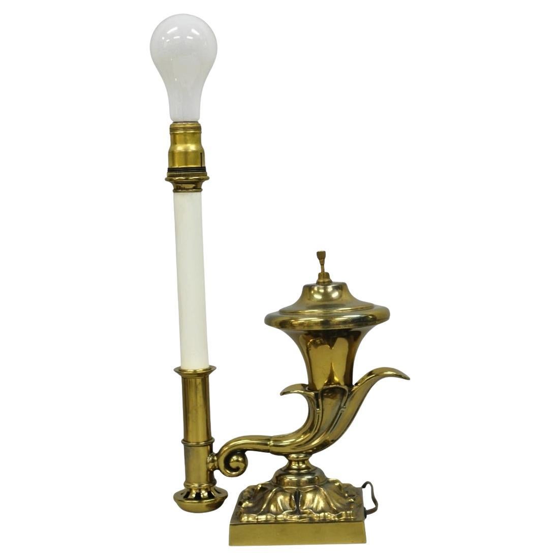 Vintage English Regency Style Brass Cornucopia Oil Lamp Style Table Desk Lamp