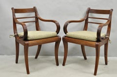 Vintage English Regency Style Cane Seat Mahogany Saber Leg Arm Chairs - a Pair