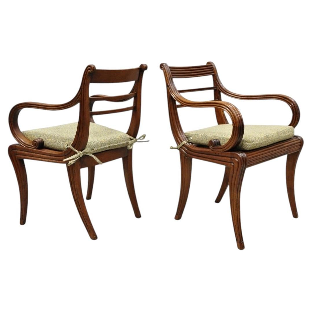Vintage English Regency Style Cane Seat Mahogany Saber Leg Arm Chairs - a Pair