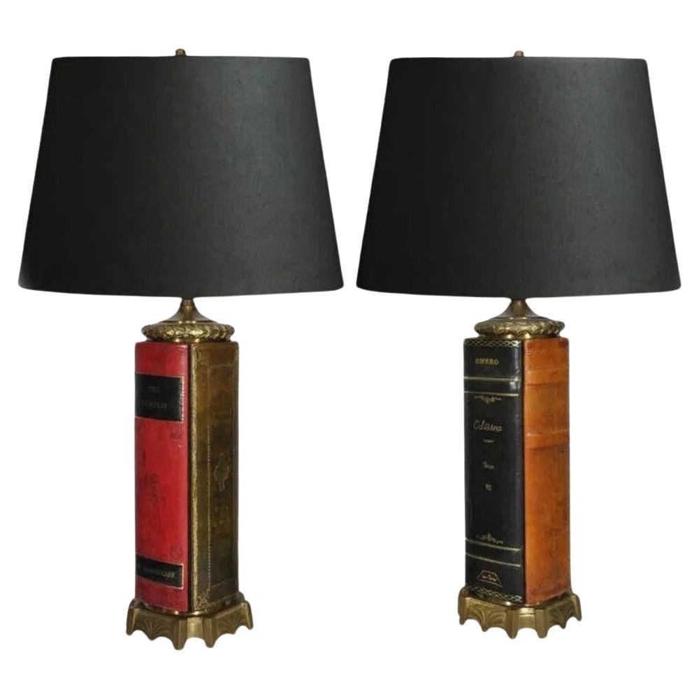 Vintage English Regency Style Leather Book Form Table Lamps by Wildwood - a Pair