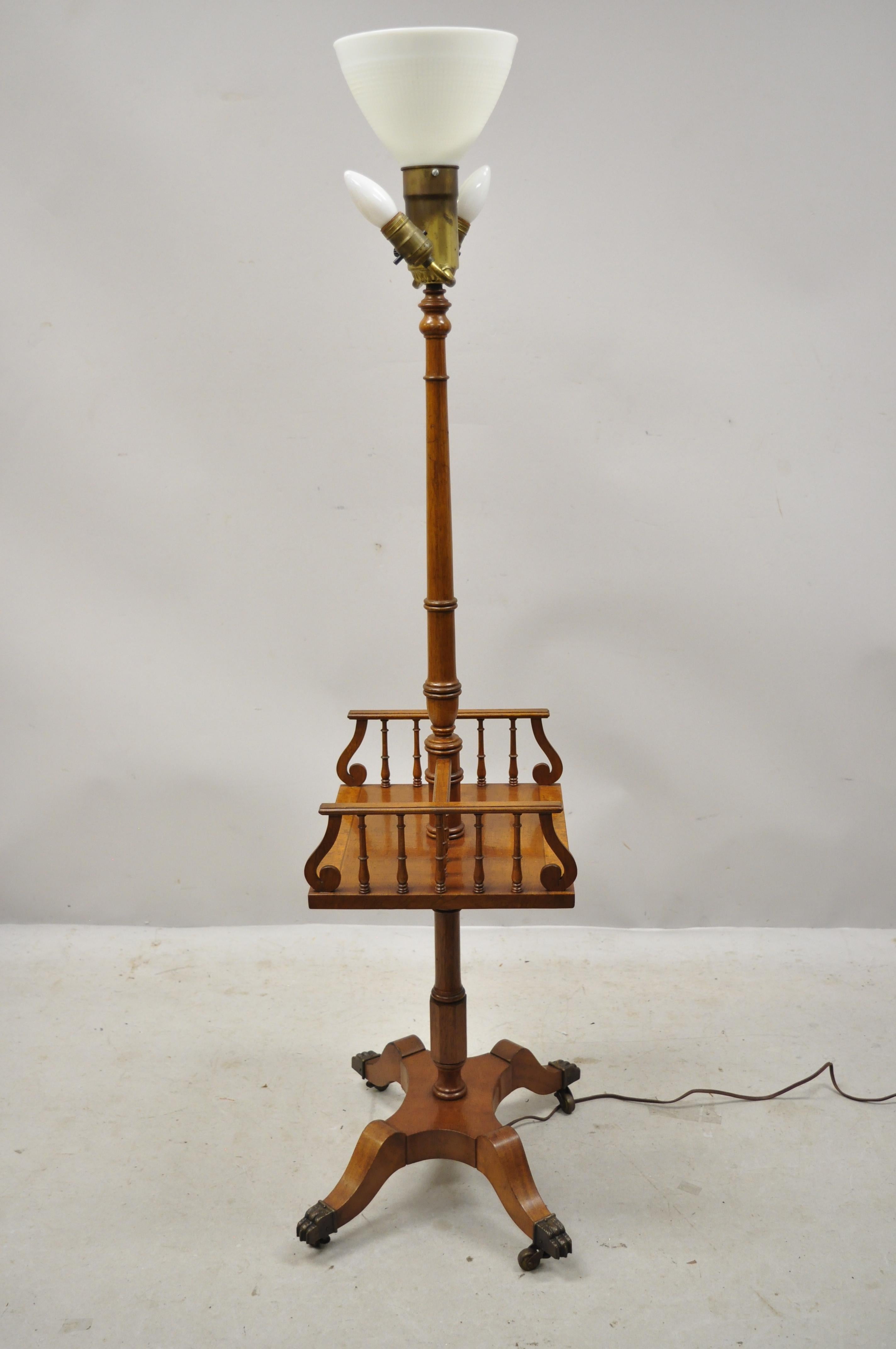 Vintage English Regency Style Mahogany Floor Table Lamp with Carved Harp Gallery For Sale 2