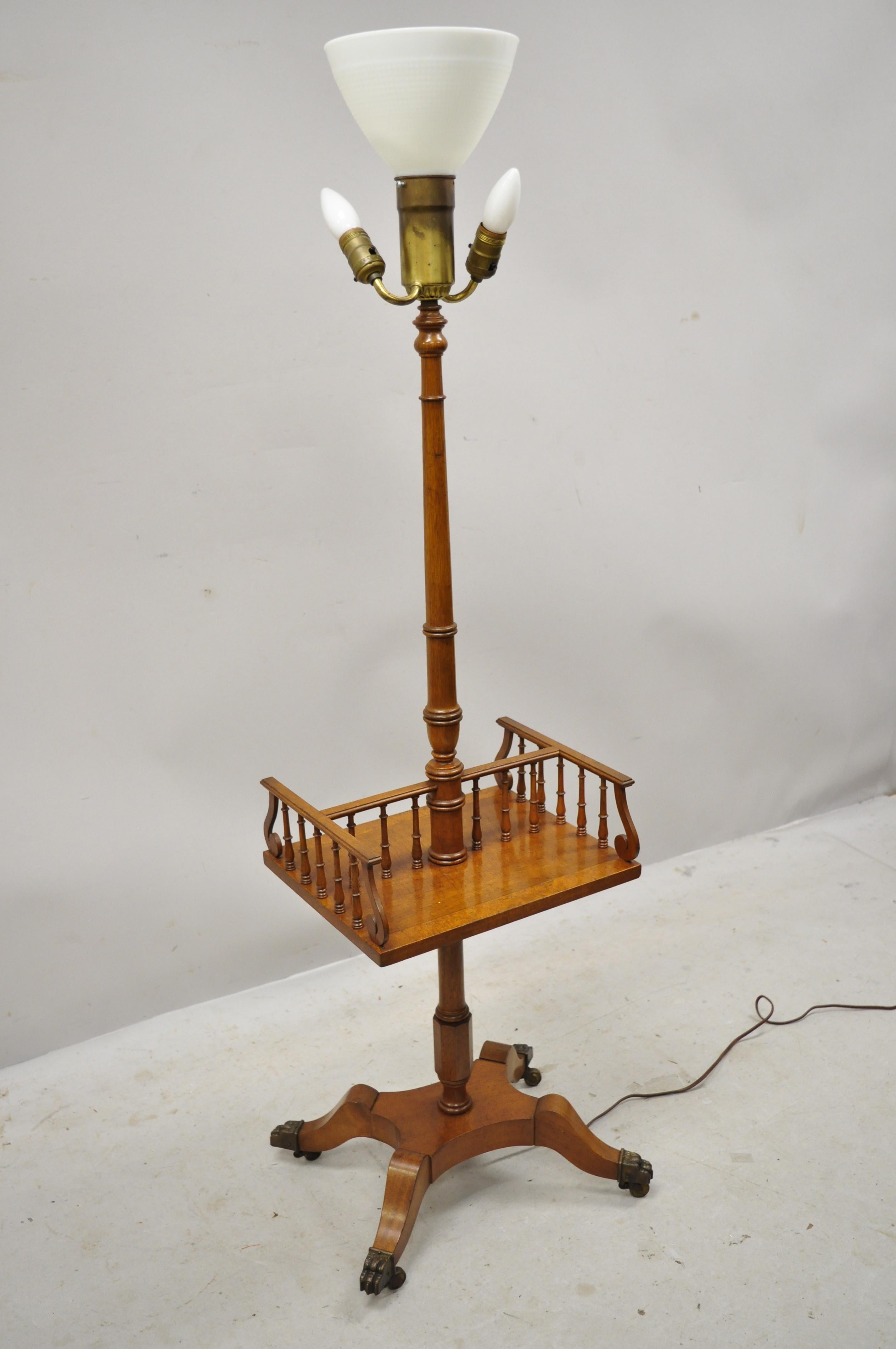 Vintage English Regency Style Mahogany Floor Table Lamp with Carved Harp Gallery For Sale 3