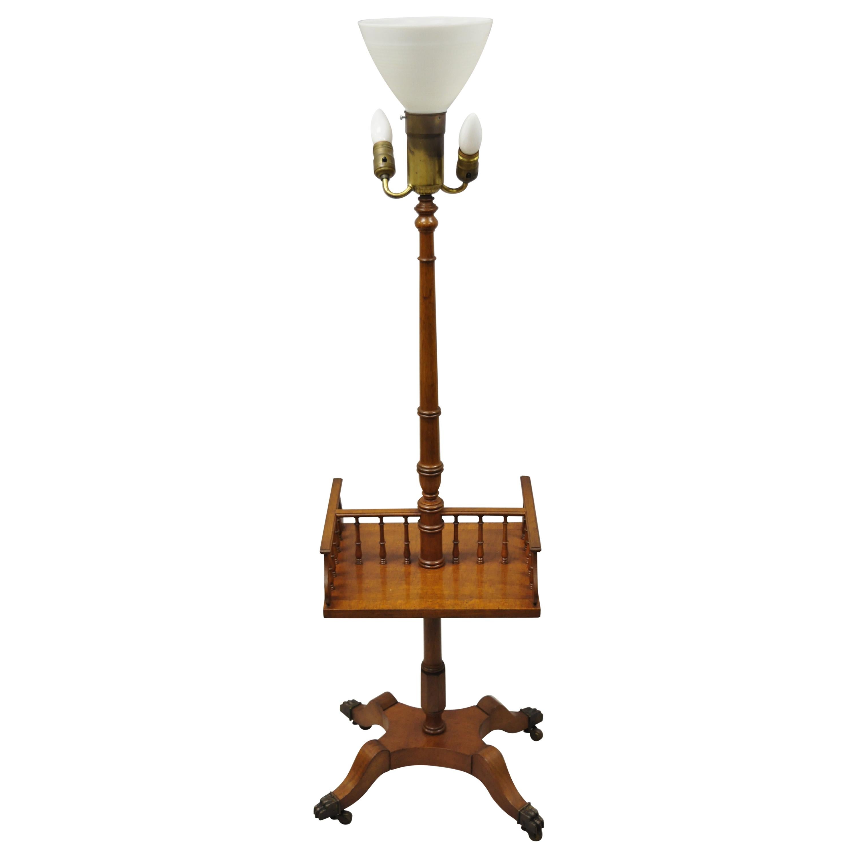 Vintage English Regency Style Mahogany Floor Table Lamp with Carved Harp Gallery For Sale