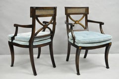 Vintage English Regency Style Mahogany Saber Leg Cane Back Arm Chairs - a Pair