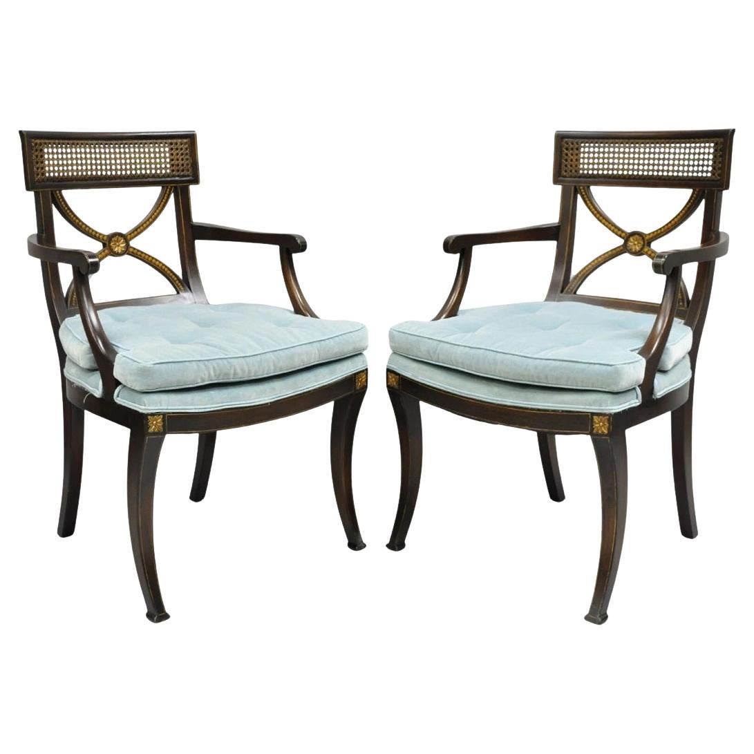 Vintage English Regency Style Mahogany Saber Leg Cane Back Arm Chairs - a Pair