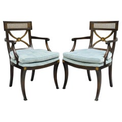 Vintage English Regency Style Mahogany Saber Leg Cane Back Arm Chairs - a Pair