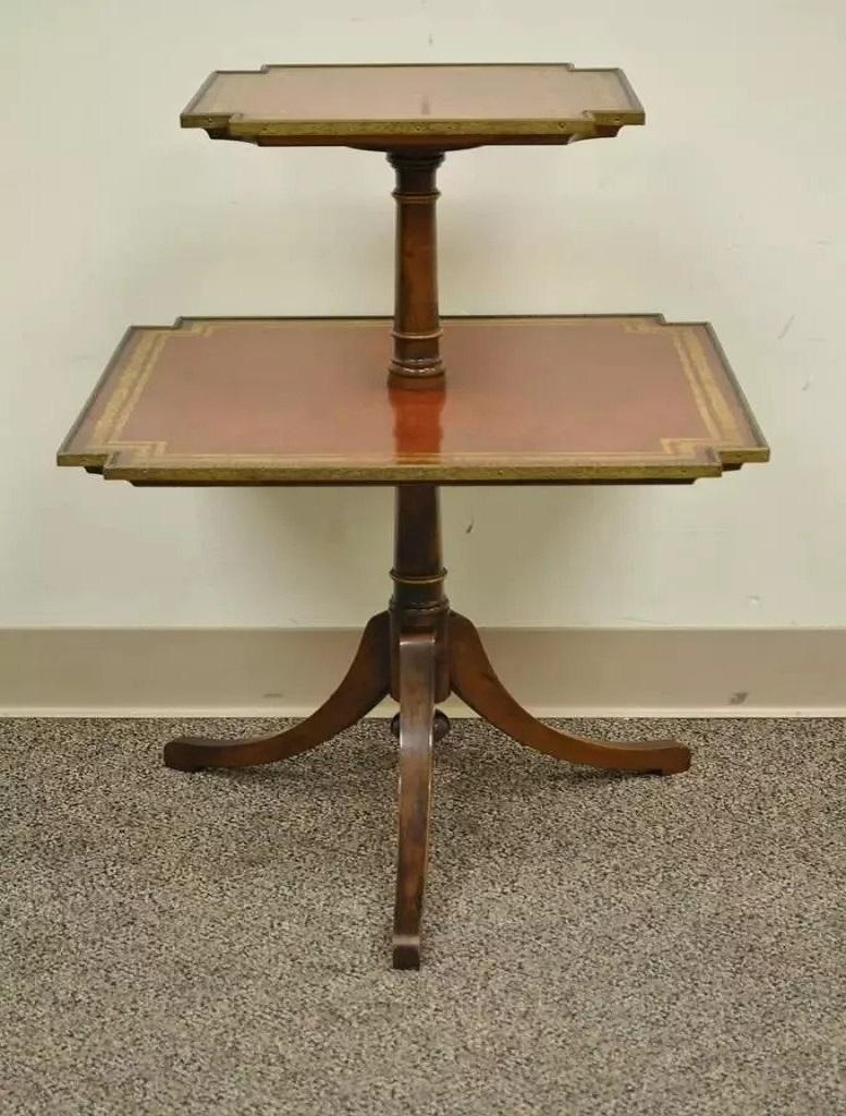 Table d'appoint à deux niveaux en acajou et cuir toilé, style Régence anglaise vintage en vente 3