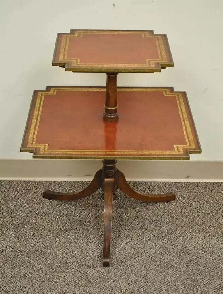 Table d'appoint à deux niveaux en cuir tolélé de style Régence anglaise vintage en acajou. L'article présente deux niveaux de cuir magnifiquement doré, des galeries en laiton gravées de manière complexe, une forme anglaise classique. L'auteur n'est