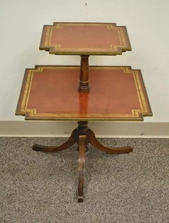 Vintage English Regency Style Mahogany Tooled Leather Two Tier Side Table