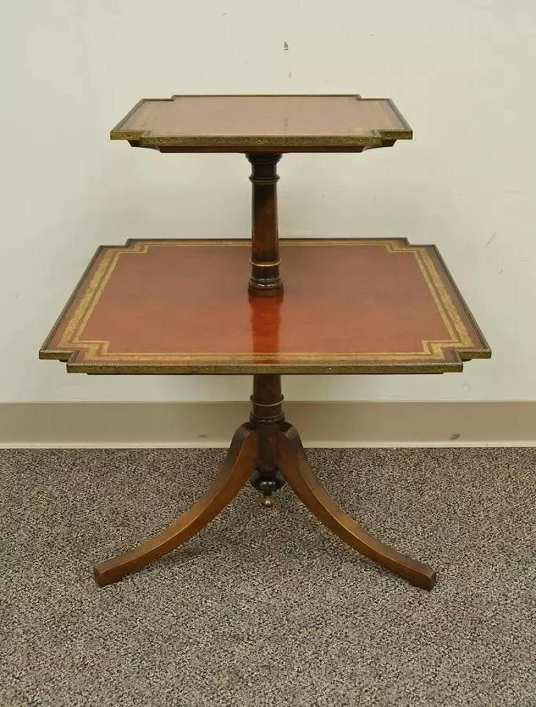 Table d'appoint à deux niveaux en acajou et cuir toilé, style Régence anglaise vintage en vente 2
