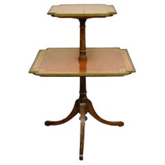 Vintage English Regency Style Mahogany Tooled Leather Two Tier Side Table