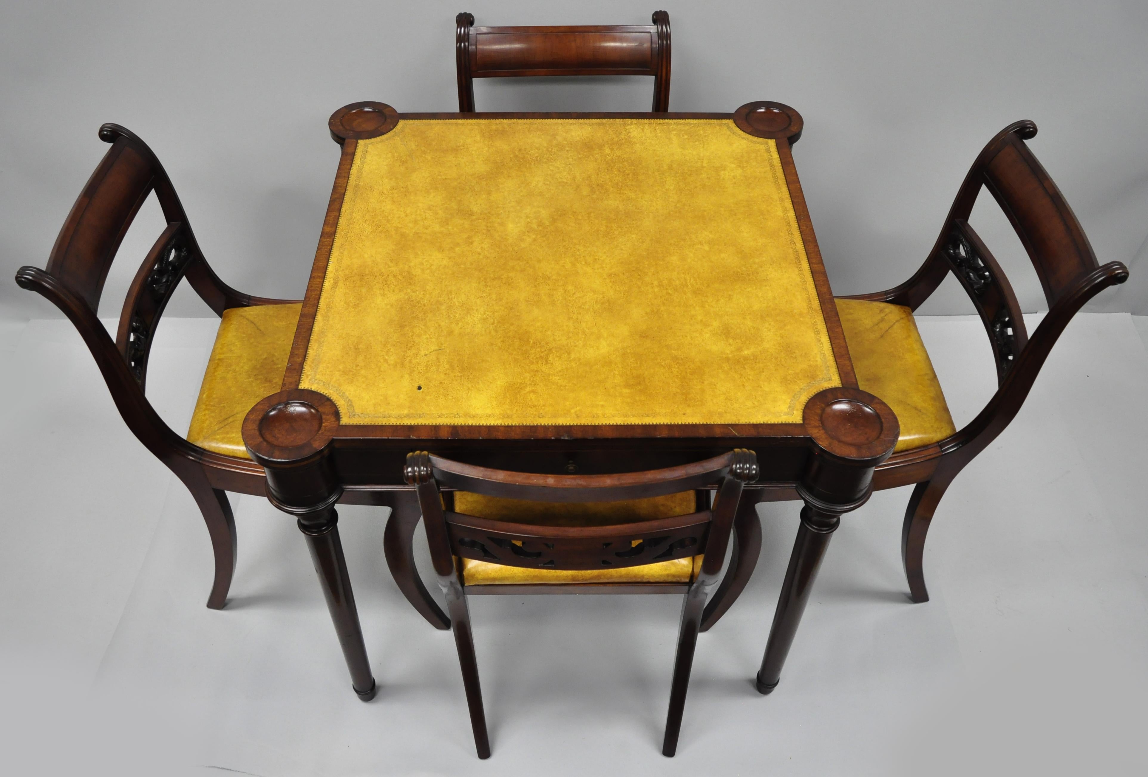 Vintage English Regency Style Yellow Leather Top One Drawer Card Game Table 6
