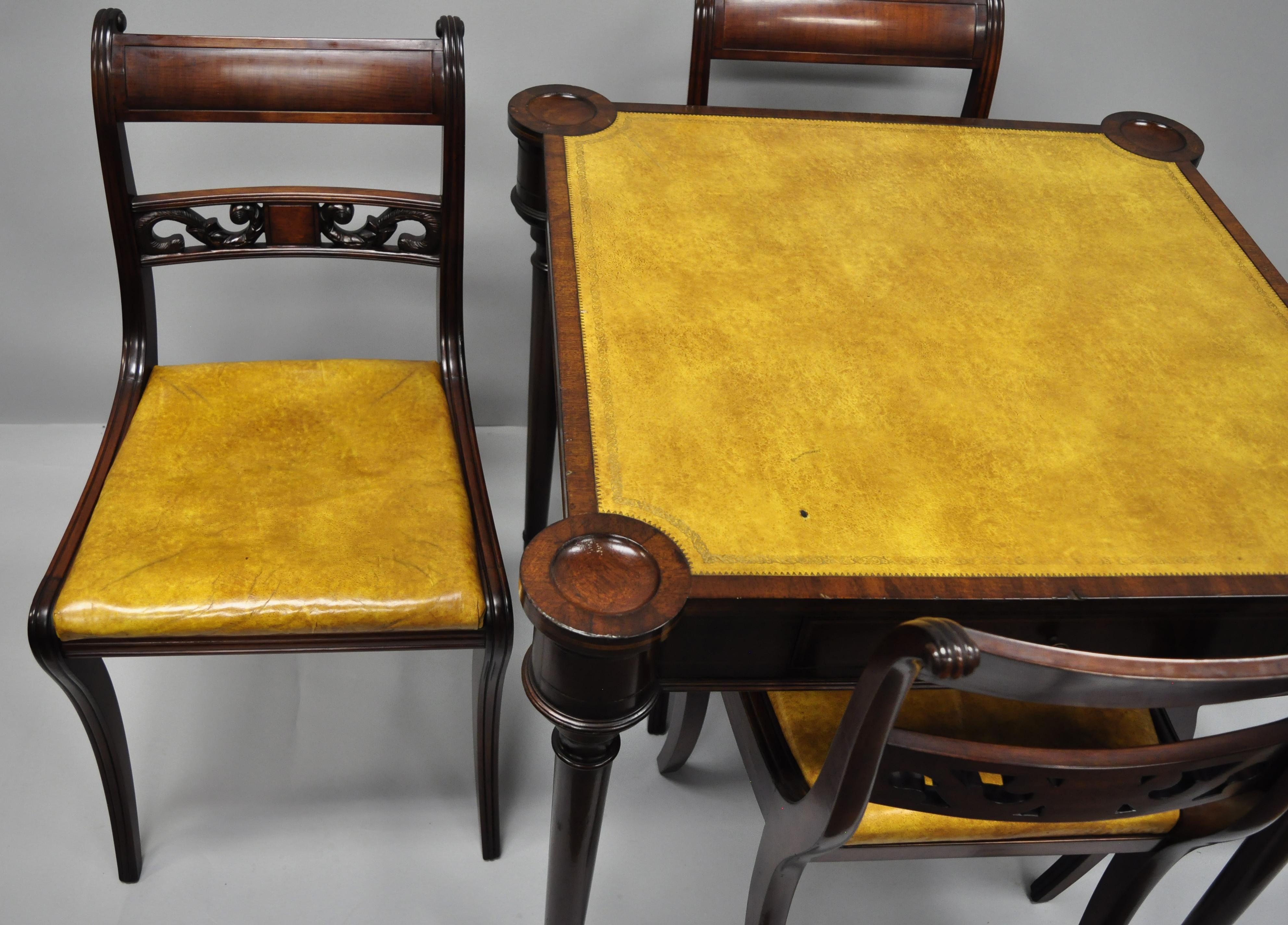 Vintage English Regency Style Yellow Leather Top One Drawer Card Game Table 7
