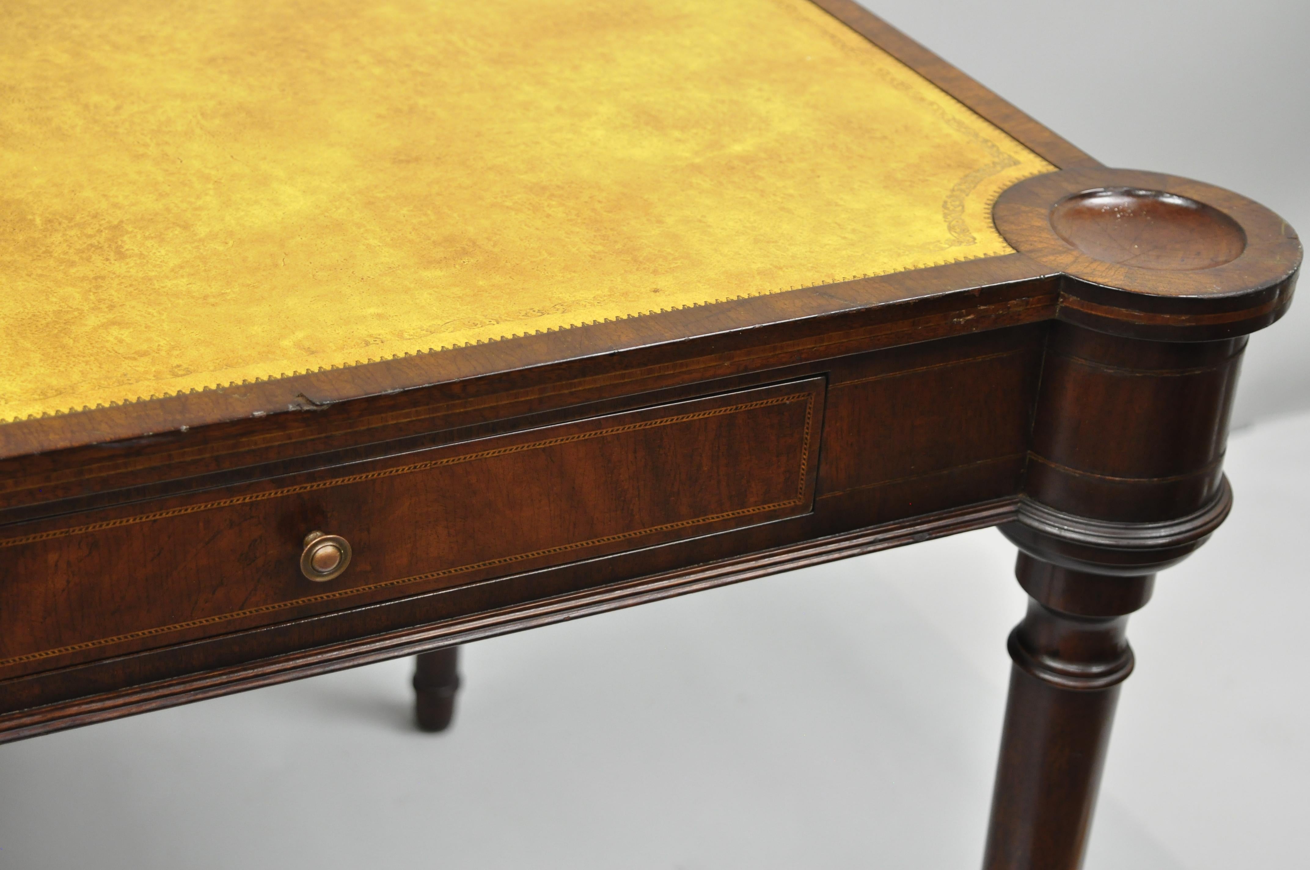 Vintage English Regency Style Yellow Leather Top One Drawer Card Game Table 9