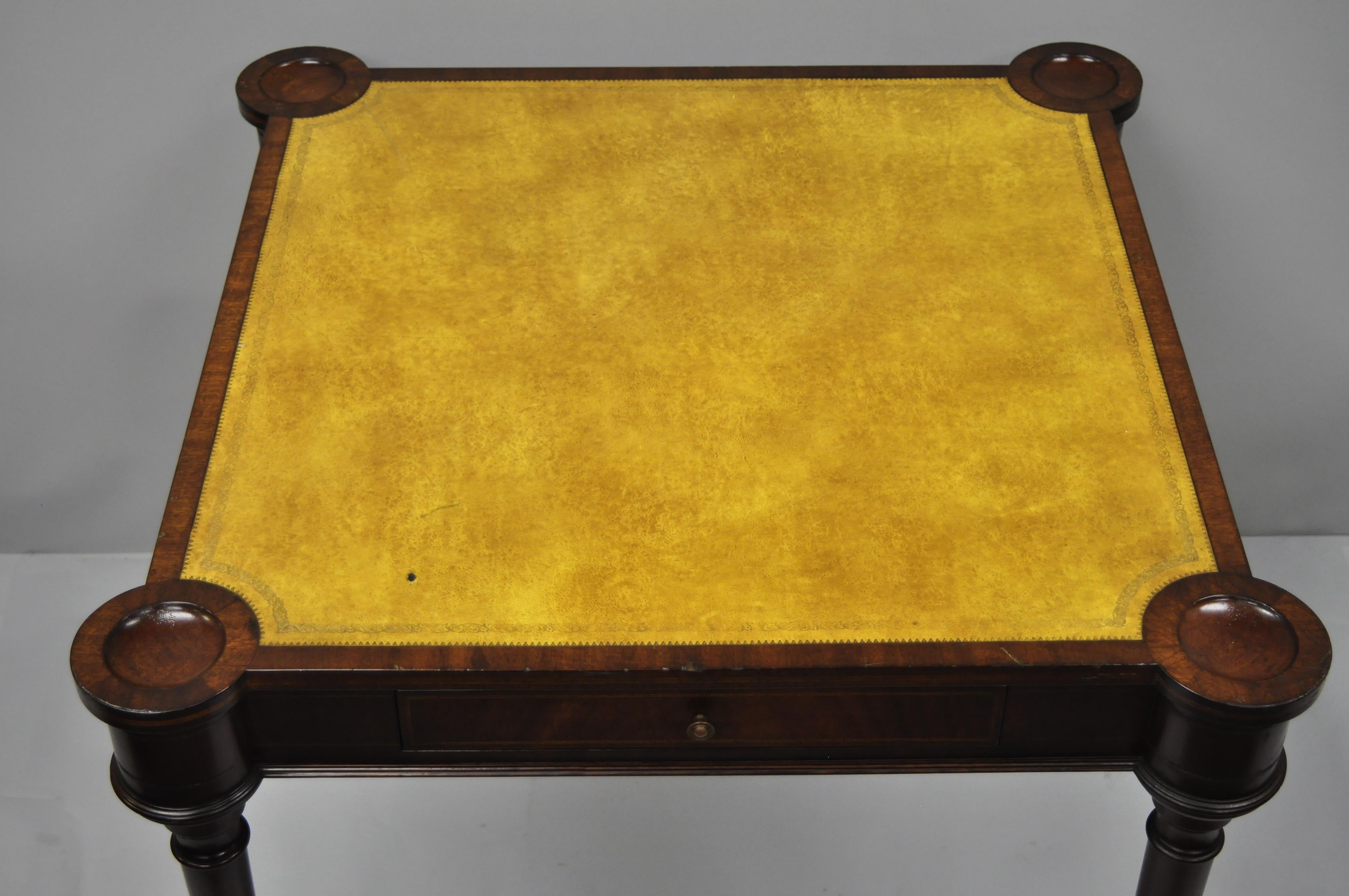 Vintage English Regency Style Yellow Leather Top One Drawer Card Game Table In Good Condition In Philadelphia, PA