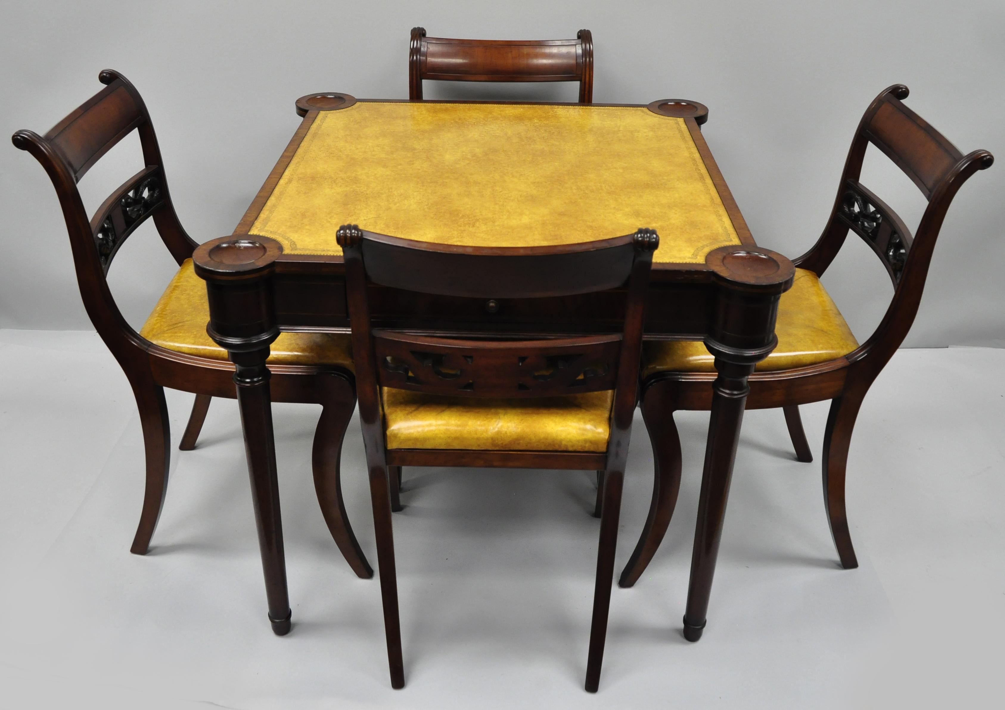 Vintage English Regency Style Yellow Leather Top One Drawer Card Game Table 5