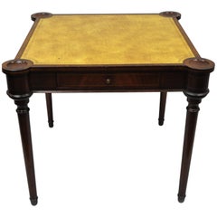 Vintage English Regency Style Yellow Leather Top One Drawer Card Game Table