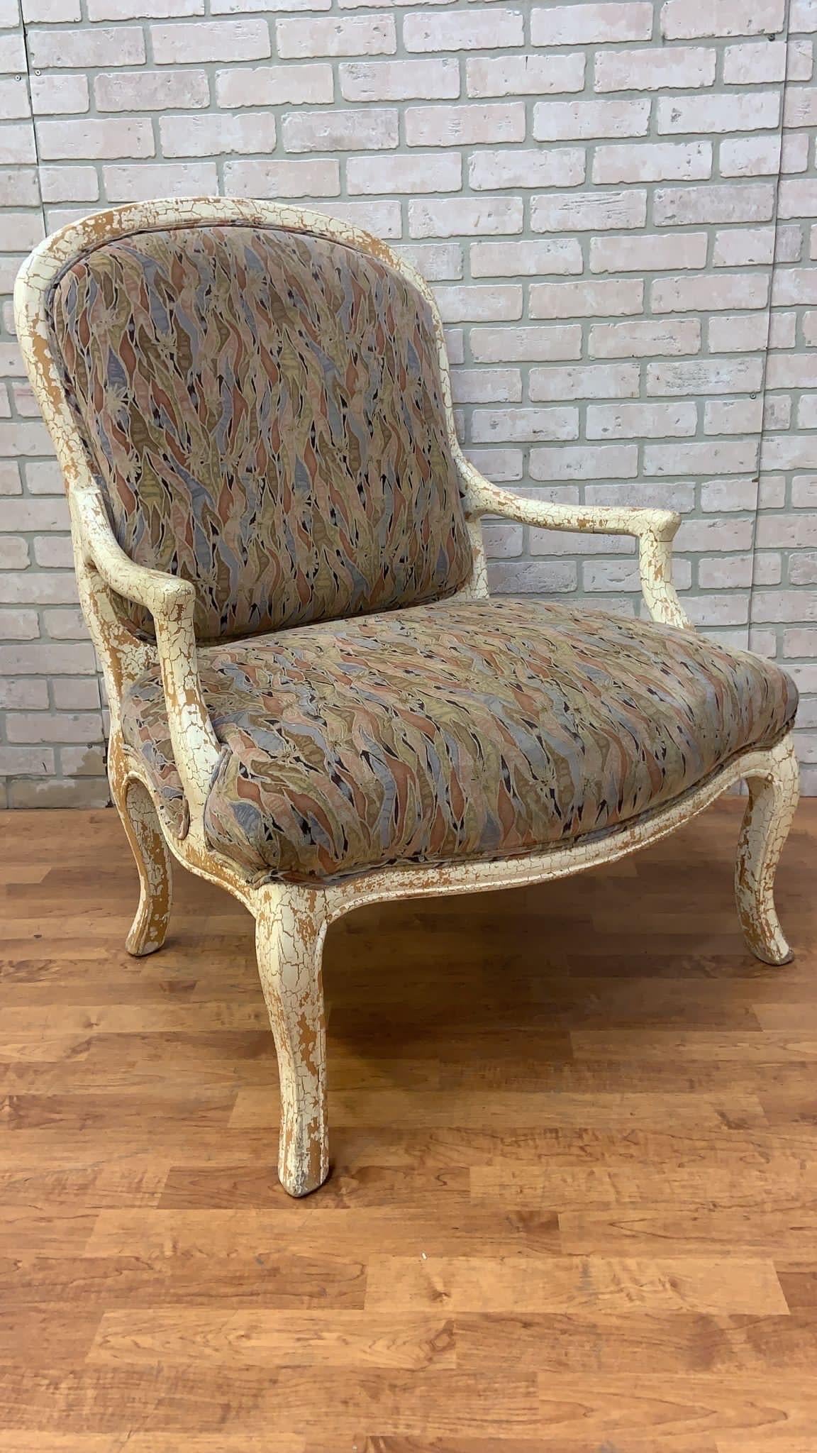 Vintage English Regency Upholstered Armchair with Antiqued Crackle Paint Finish

Vintage English Regency style armchair with antiqued crackle paint finish in cream and natural tones with original upholstery.

Circa 20th Century

Dimensions:
H 42