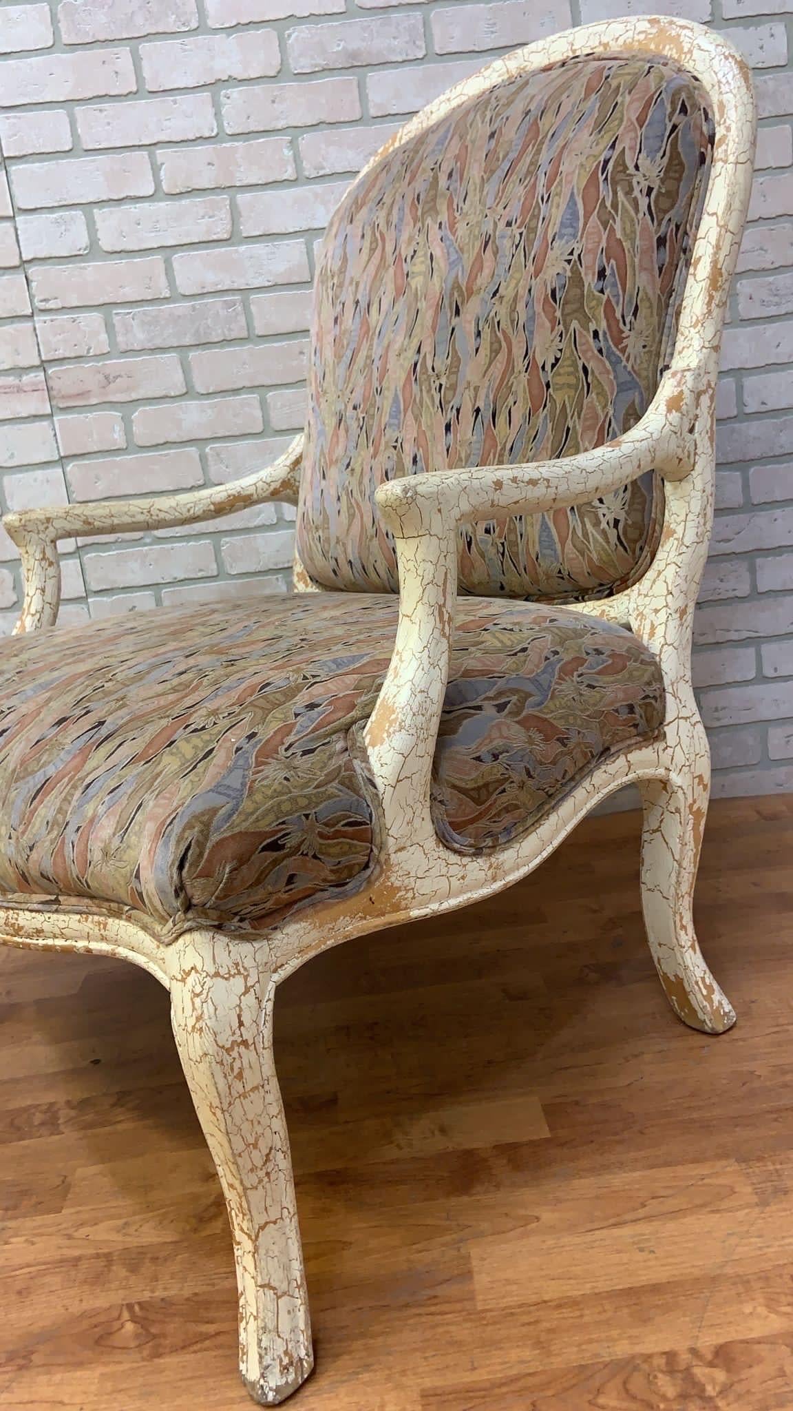 Unknown Vintage English Regency Upholstered Armchair with Antiqued Crackle Paint Finish For Sale