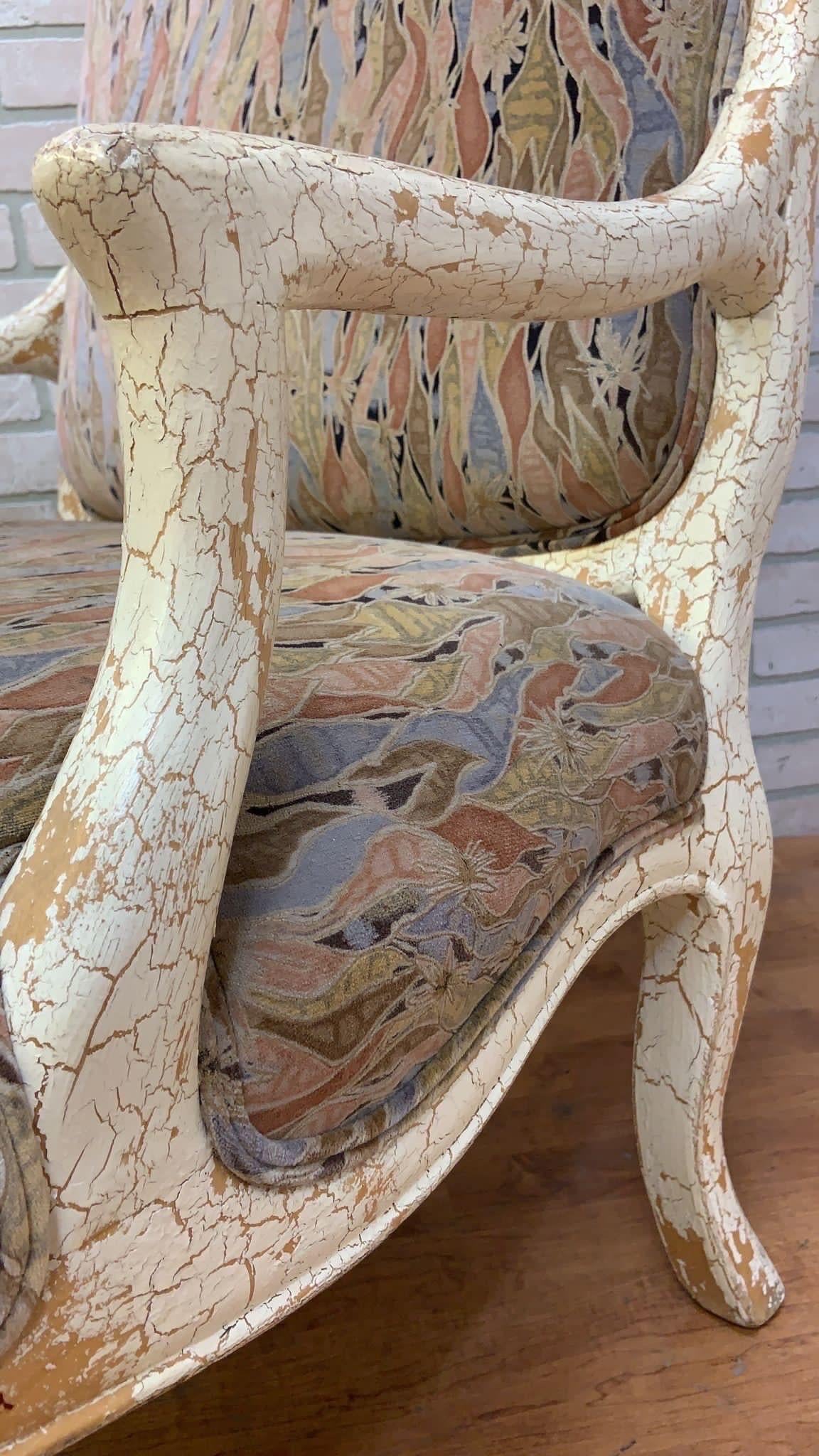 Upholstery Vintage English Regency Upholstered Armchair with Antiqued Crackle Paint Finish For Sale