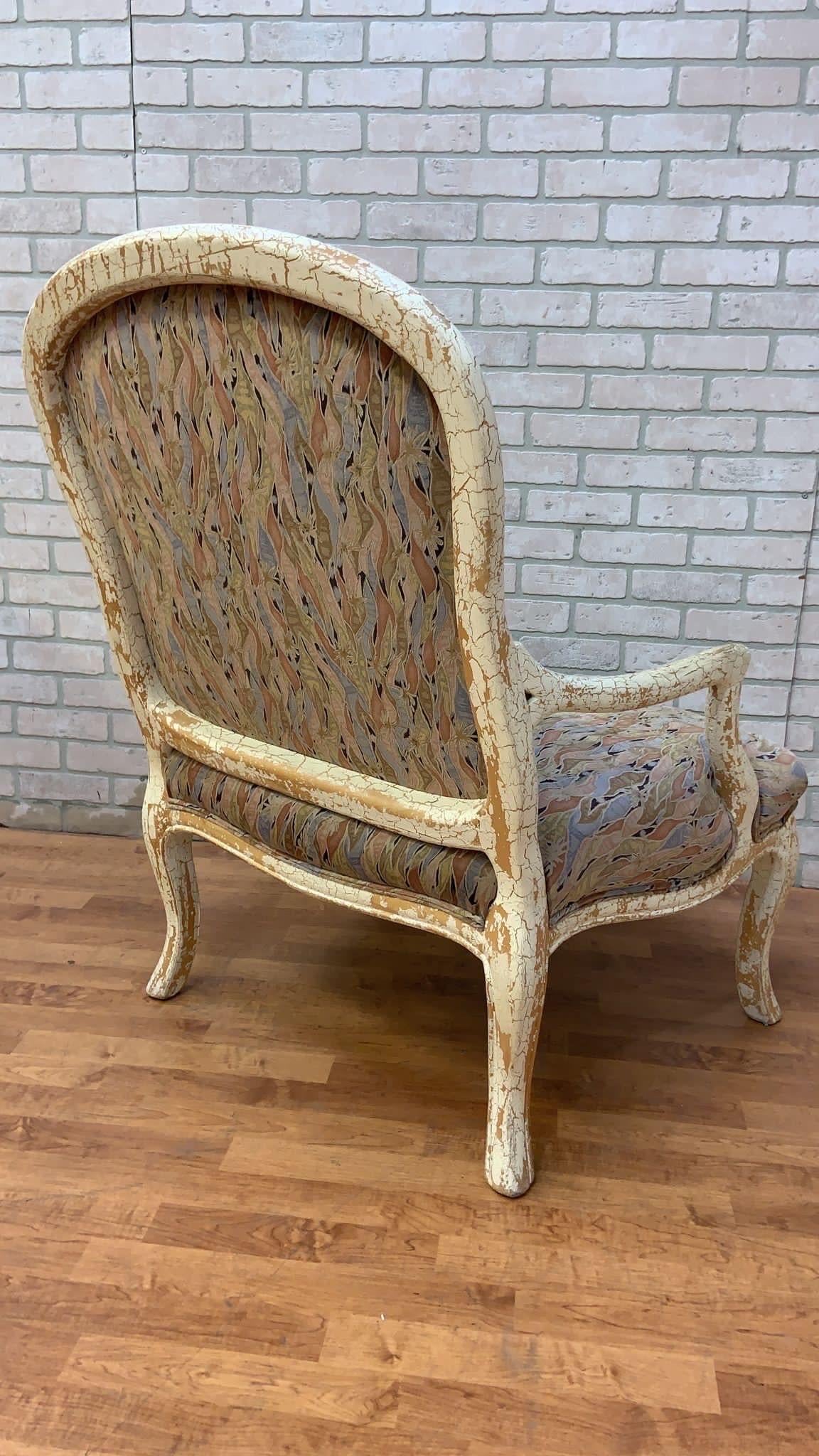 Vintage English Regency Upholstered Armchair with Antiqued Crackle Paint Finish For Sale 1