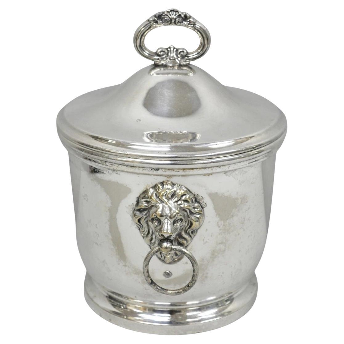 Vintage English Regency Winthrop Silver Plated Lion Handle Covered Ice Bucket For Sale