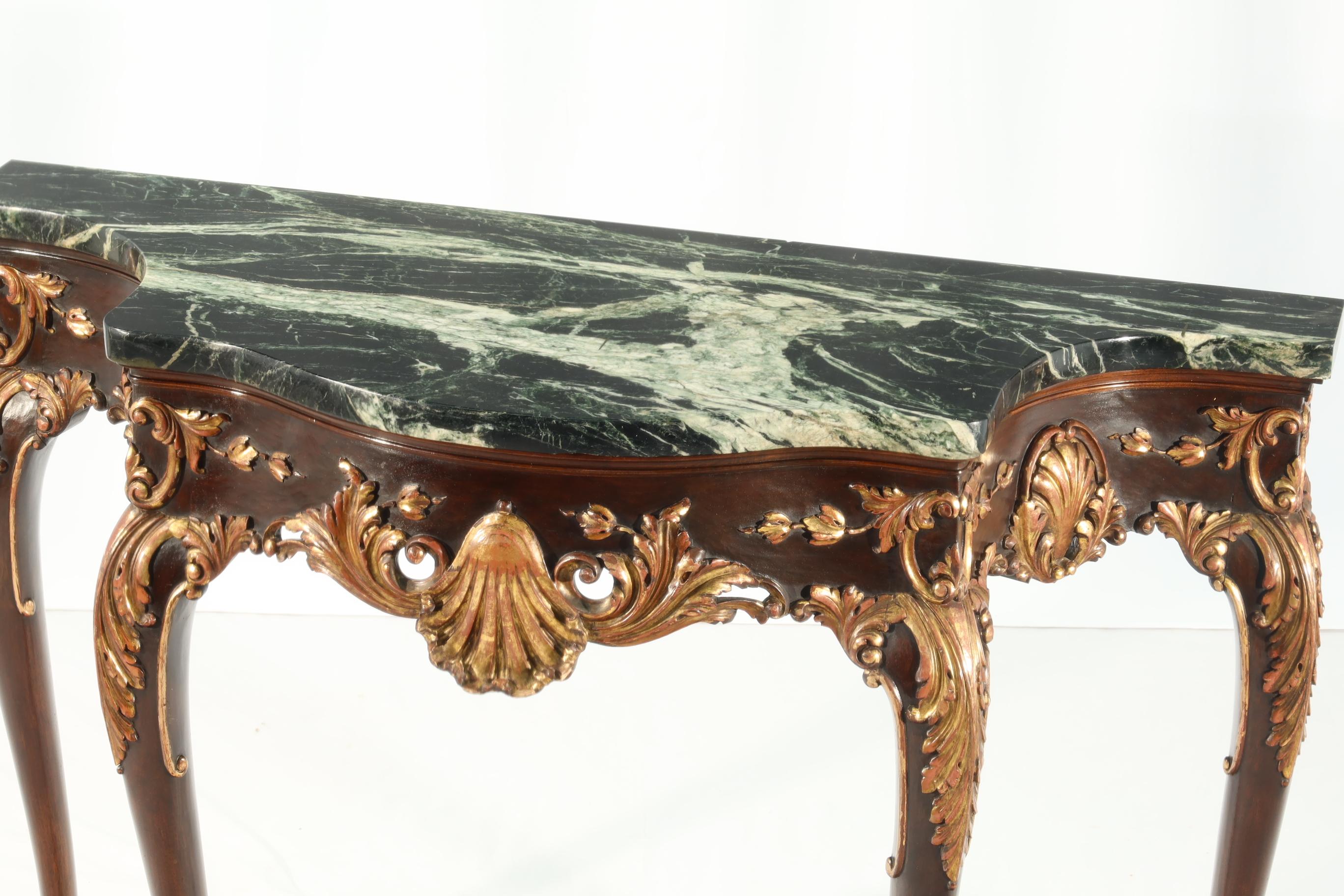 George II Vintage English Reproduction Carved Mahogany and Gilt Console Table with Marble For Sale
