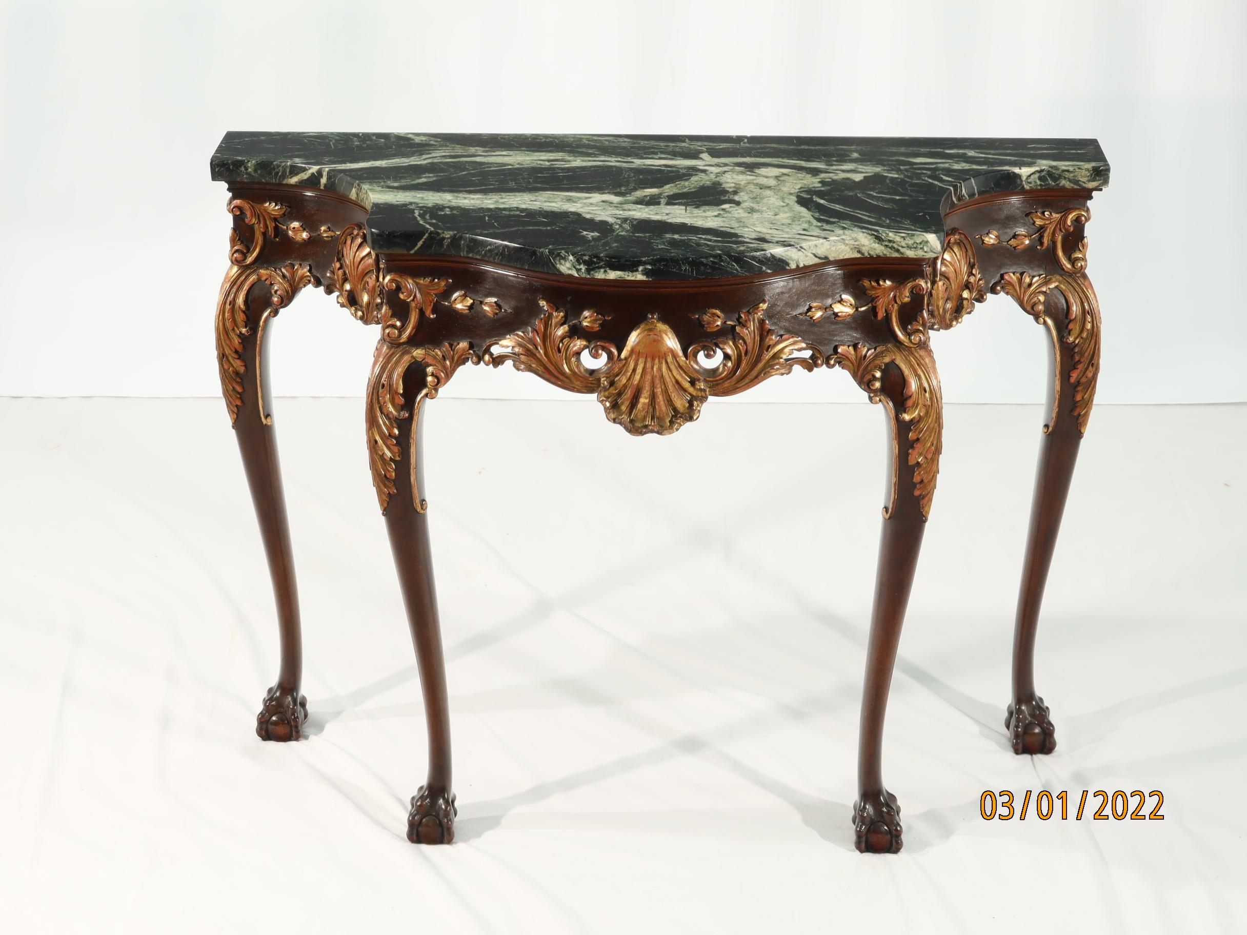 Hand-Carved Vintage English Reproduction Carved Mahogany and Gilt Console Table with Marble For Sale