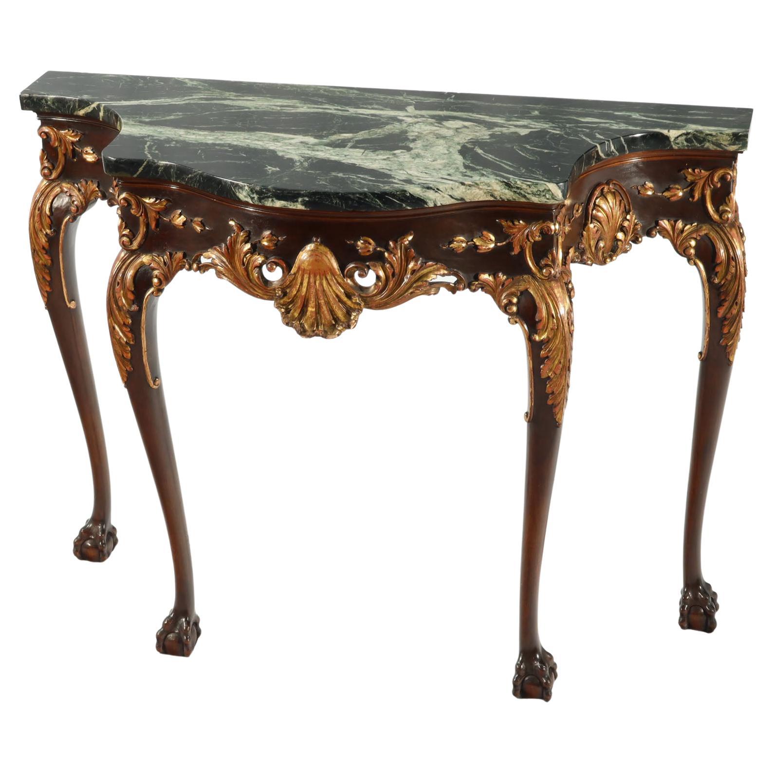 Vintage English Reproduction Carved Mahogany and Gilt Console Table with Marble For Sale